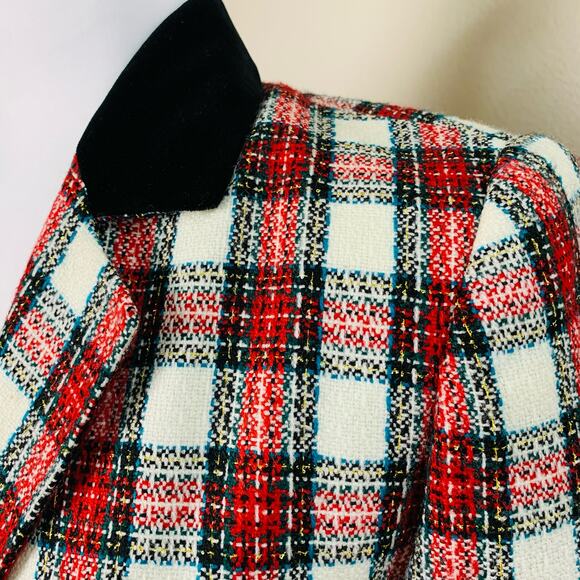 Vintage Size 6P Plaid Blazer Jacket Velvet Red Black Gold Metallic Holiday - Picture 7 of 11